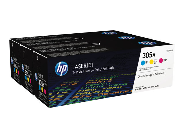 52f5d5de-59e4-41ba-93c7-7fc0bce64b13 HP 305A - 3-pakiranje - rumena, cianova, škrlatna - originalna - LaserJet - kartuša s tonerjem (CF370AM) - slika 1